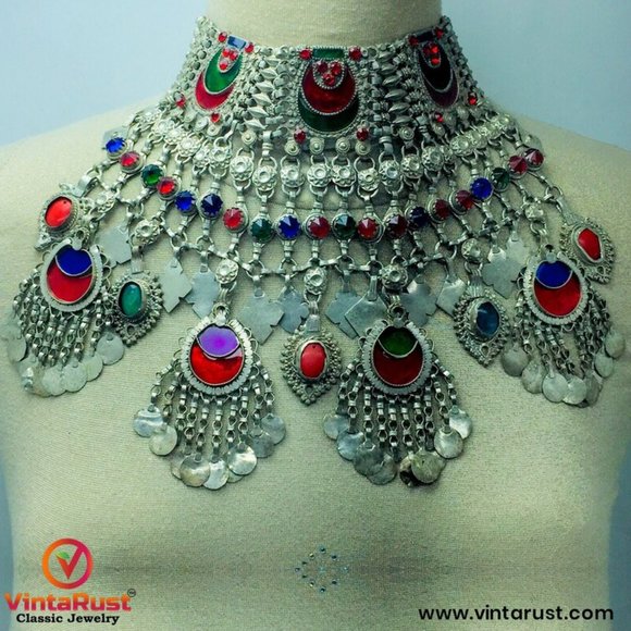Silver Massive Kuchi Necklace, Tribal Oversized Choker Necklace With Multicolor